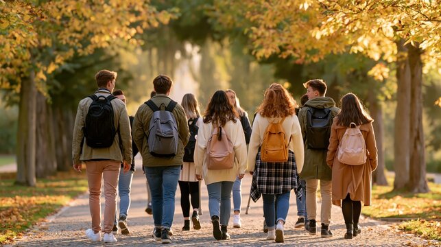 Group of pupils walking together on tree lined path in autumn