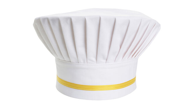 White pleated chef hat with golden band, isolated on transparent background