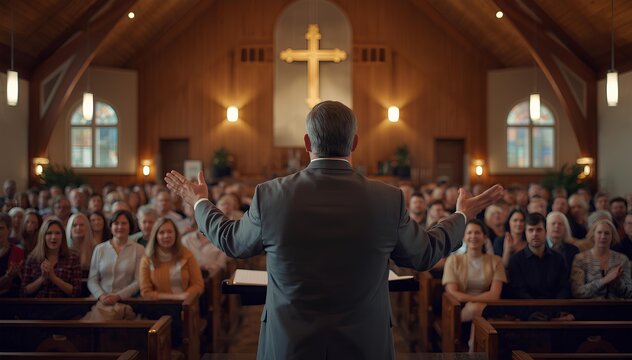 Pastor Giving a Passionate Sermon to a Congregation Inside a Traditional Wooden Church Building