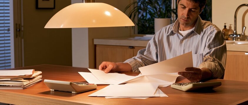 Man reviewing household budget documents at kitchen table with calculators under warm lamp light