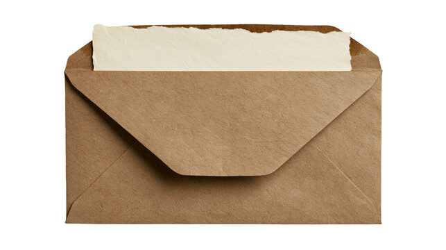 Brown kraft paper envelope with torn edge cream paper insert, isolated on transparent background