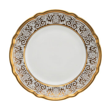 Round porcelain dinner plate with scalloped edges and ornate gold and white floral filigree border pattern isolated on a transparent background