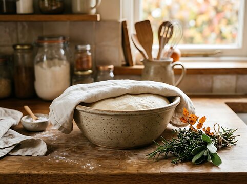 Rustic kitchen interior with bread dough rising in bowl, fresh herbs.