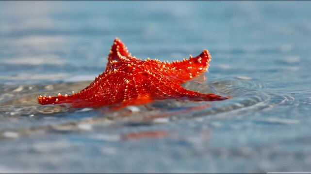A vibrant red starfish rests on wet sand as gentle ocean waves wash over it, creating soft reflections.