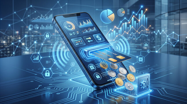 3D illustrations backgrounds Financial mobile banking app showing credit card transaction with investment analytics charts for secure fintech operations and electronic money payment system