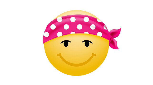 Yellow smiley face wearing a pink polka dot bandana, isolated on transparent background
