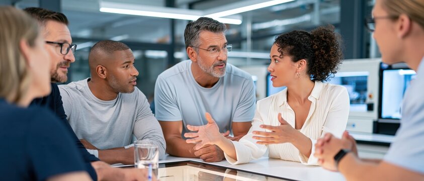 Small corporate group gathered around table for training session