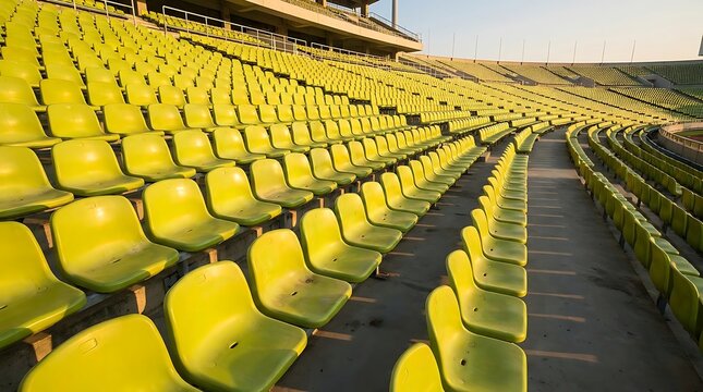Empty yellow stadium seats in a large sports arena viewed from a low angle perspective
