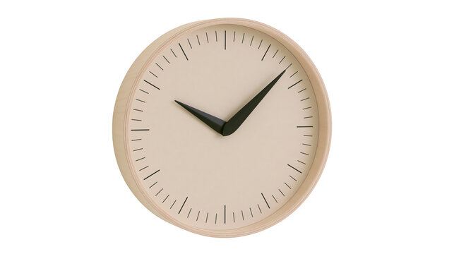 Minimalist round wooden clock with black hands and markers, isolated on transparent background