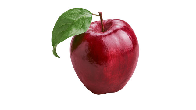 Shiny red apple with green leaf, isolated on transparent background