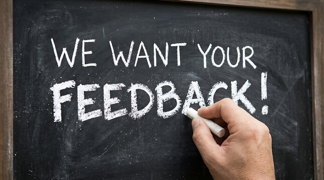 Hand writing We Want Your Feedback on a black chalkboard with white chalk