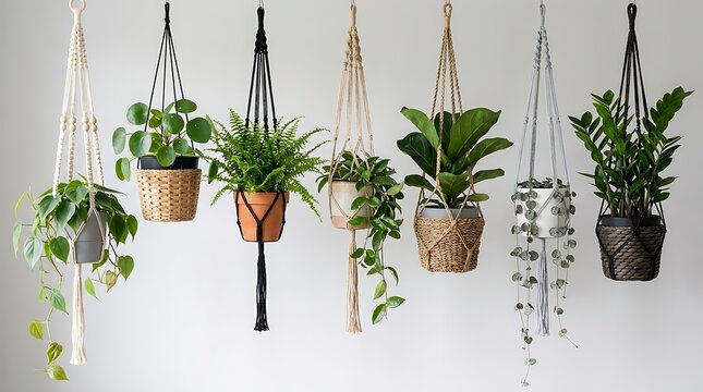 Collection of various indoor hanging plants in macrame plant hangers against white wall