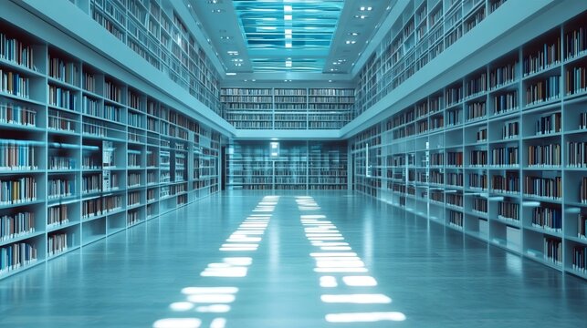 Futuristic library interior featuring infinite bookshelves filled with books and light reflections.