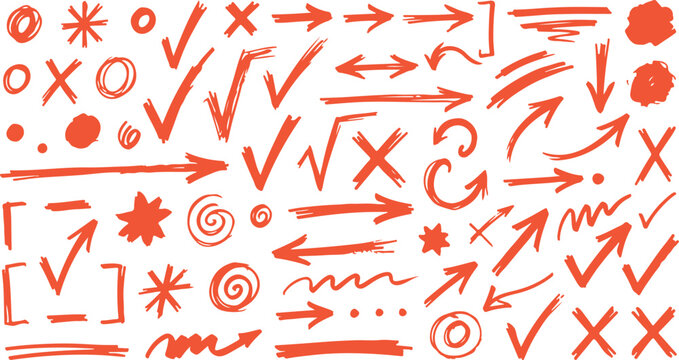 Orange hand drawn marks arrows and symbols for design on transparent background.