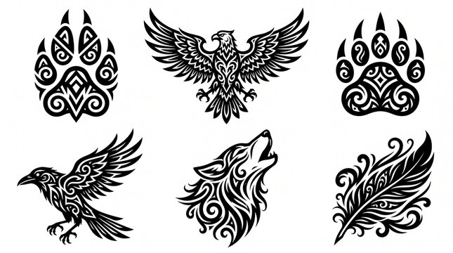 Tribal wildlife vector set featuring bear paw prints, eagle in flight, howling wolf, raven, and decorative feather isolated on white background