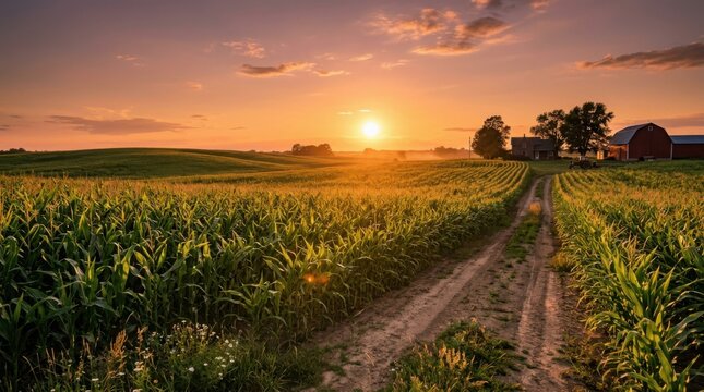 Beautiful sunset over a rural corn field with a dirt path leading towards a farm house in the distance