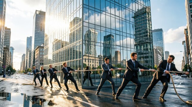 Businessmen, Tug-of-War Competition in Front of a Modern Skyscraper. Corporate Teamwork, Strategic Partnership