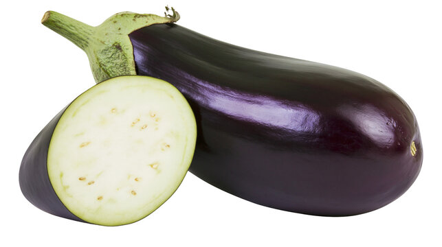 Whole dark purple eggplant and a halved eggplant showing white flesh and seeds, isolated on transparent background