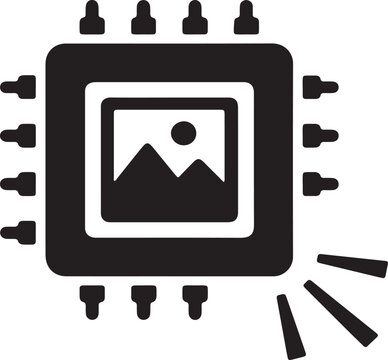 Microchip processor icon with photo image frame and signal rays