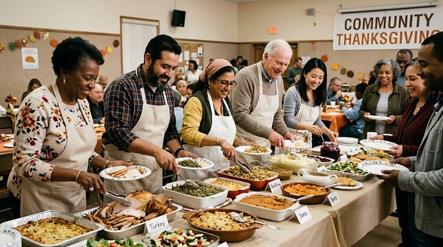 Diverse group of volunteers serving community thanksgiving dinner buffet.