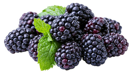 Pile of ripe blackberries with fresh mint leaves, isolated on transparent background © Finn