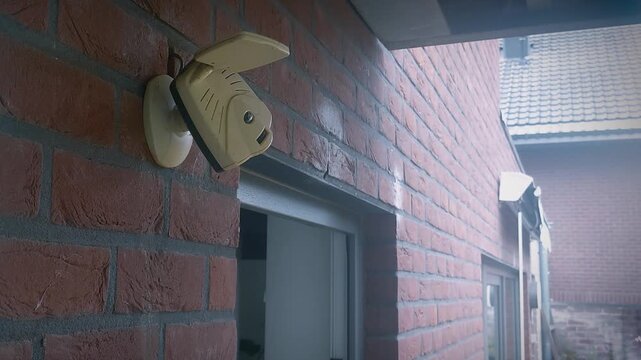 Opening the door at the house with a old security camera above the entrance