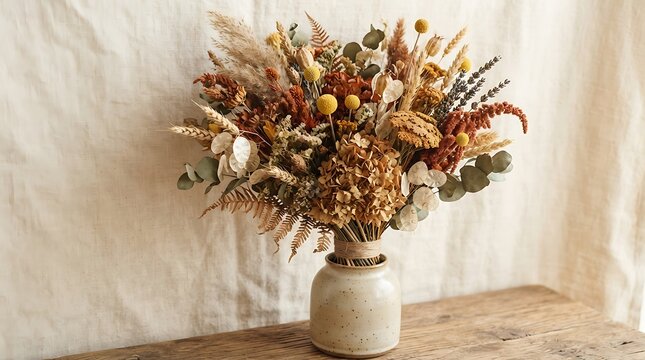 Bouquet of dried fall flowers and foliage in a ceramic vase for decor.