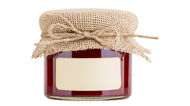 Glass jar of red jam with burlap lid and twine, blank label isolated on transparent background