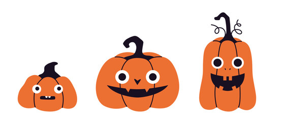 Fototapeta premium Set of funny jack-o'-lantern pumpkins with different carved faces. Spooky Halloween characters for seasonal decorations, stickers, and party designs. Flat vector illustrations isolated on white