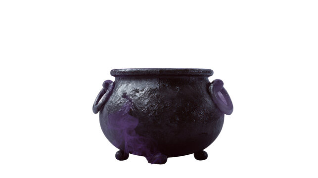 Black iron witch cauldron bubbling with glowing purple magic smoke and sparkling stars creating mystical dark Halloween potion scene on white background