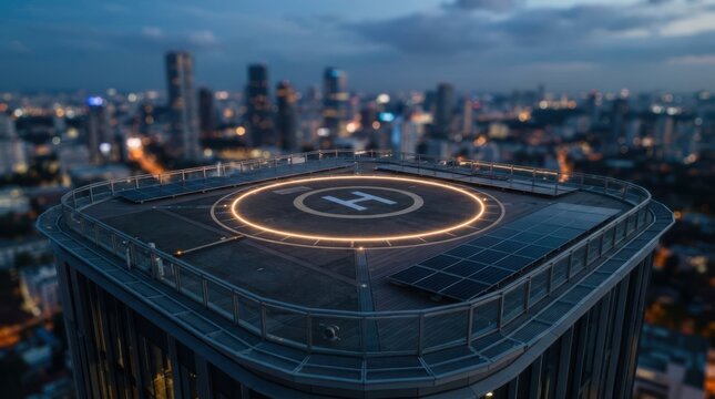 Rooftop vertiport with helipad circle, solar panels, safety rail, and edge lights in a top-down urban transport view.