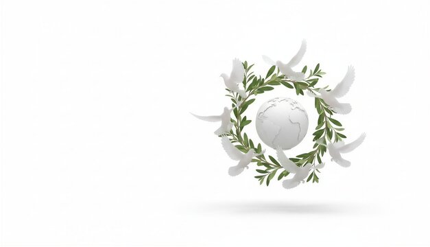 Global peace concept with white doves and olive branch wreath around a world globe