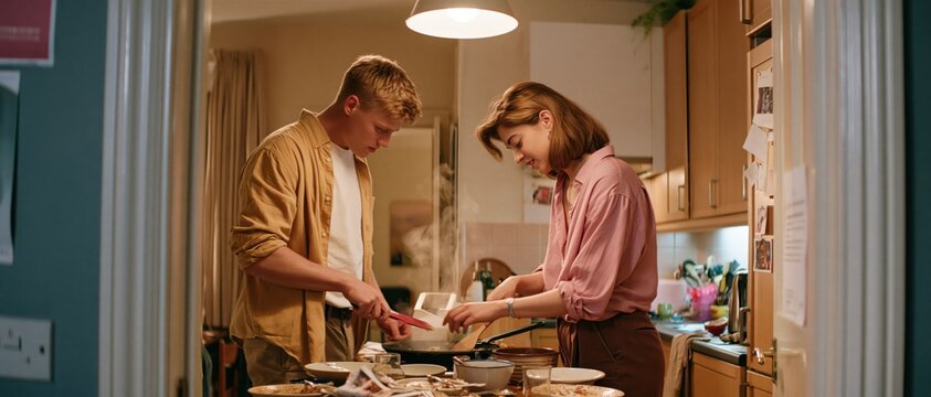 Two flatmates cooking together in small shared kitchen late at night