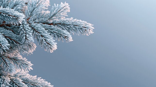 Frosted evergreen branches framing winter scene with soft blue background