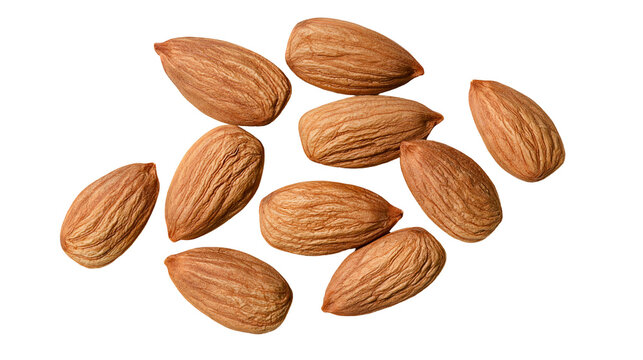 Scattered raw almonds with textured brown shells, isolated on transparent background