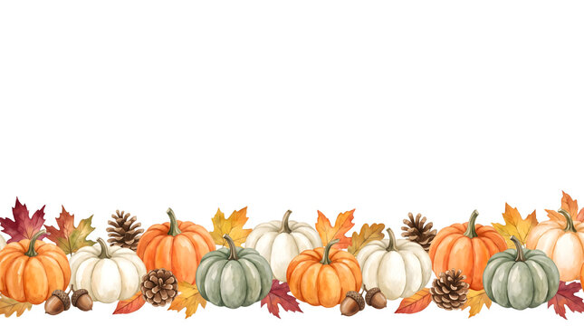 Hand painted watercolor bottom border of pumpkins and autumn leaves isolated on white background with copy space