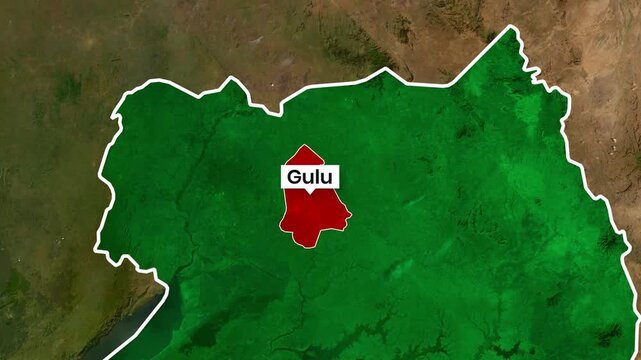 Animated map highlighting the region of Gulu within Uganda footage
