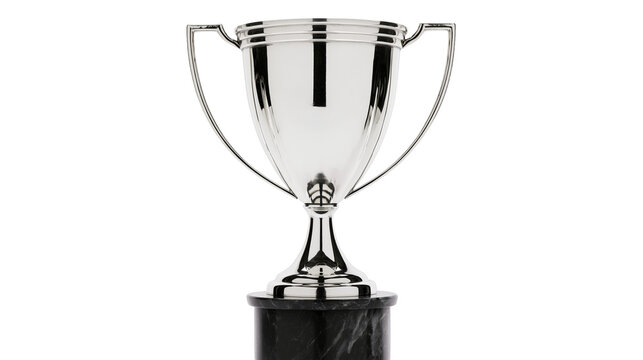Shiny silver trophy with handles on a dark marble base, isolated on transparent background
