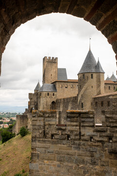 the towers of the castle in the city of carcassonne france