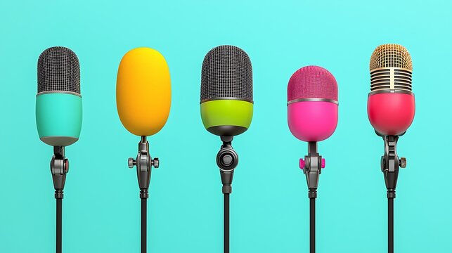Colorful microphones with pop filters against a blue background.