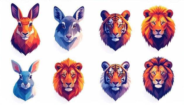 Set of geometric colorful animal head logo icons.
