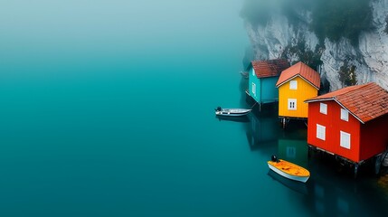 Naklejka premium Colorful stilt houses on calm turquoise water under heavy fog.
