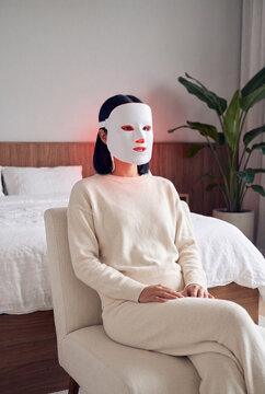 Seated woman wearing led facial mask in cozy bedroom for at home beauty treatment and wellness banner background