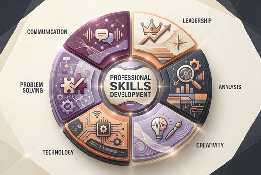 Professional Skills Development Infographic with Circular Layered Structure for Six Core Competency Areas