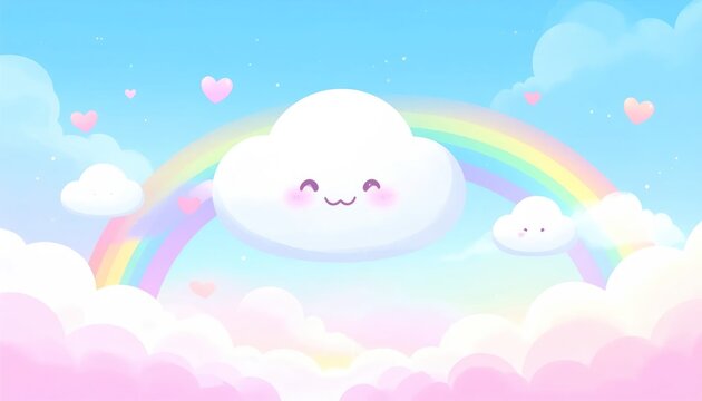 Smiling cloud character with vibrant rainbow in pastel sky.