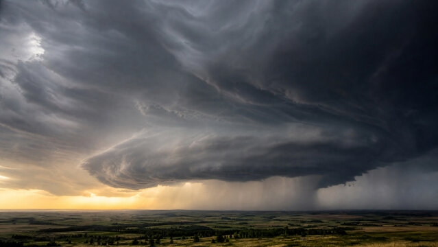 Dramatic rotating supercell thunderstorm cloud structure with heavy rainfall over a vast open prairie landscape