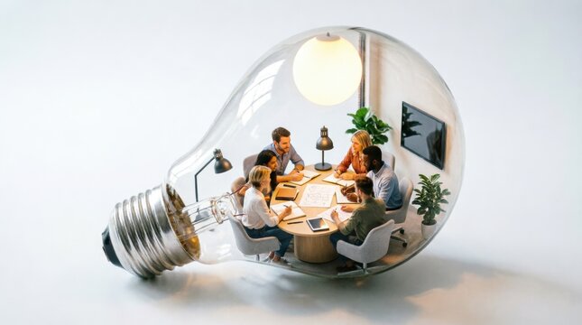 Light Bulb Containing a Miniature Office Meeting, Symbolizing Innovation and Creative Ideas