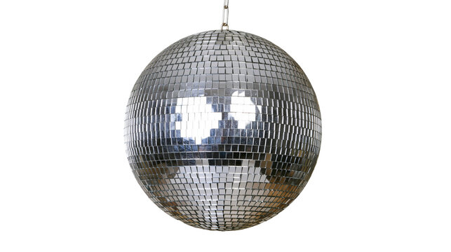 Silver mirrored disco ball hanging by chain, isolated on transparent background