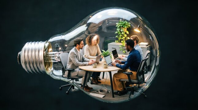 Lightbulb Containing a Collaborative Office Setting with a Team Working on Laptops