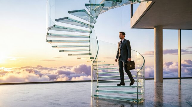 Man Ascending Glass Staircase, Modern Architecture Concept. Business Professional, Briefcase, Luxury Building
